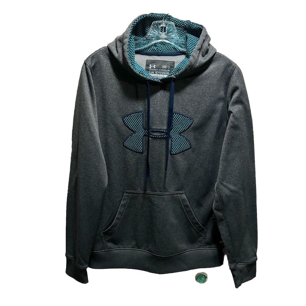 Under Armour Athletic Gray/Teal Long Sleeve Pullover Hoodie Size S Logo Kangaroo
